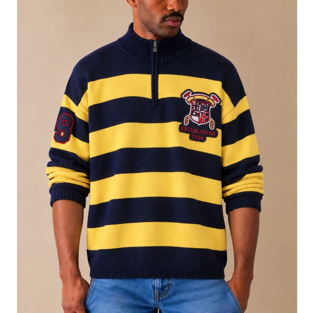 Vintage PJ Mark Men Sweater Size 2XL Navy and Yellow Striped Quarter-Zip Pullove